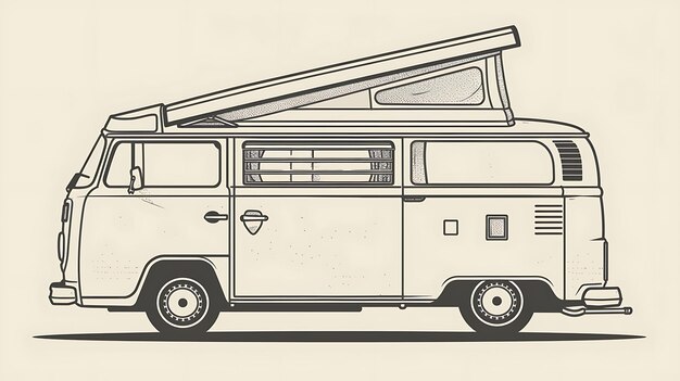 The image is a black and white outline of a vintage camper van It has a popup roof and a ladder leading up to it