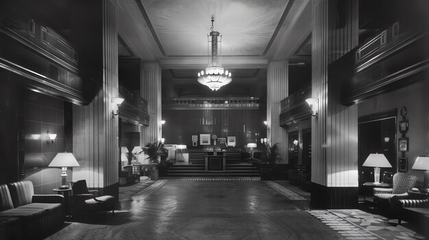 Photo the image is a black and white photo of a hotel lobby the lobby is large and spacious with a high ceiling and marble floors