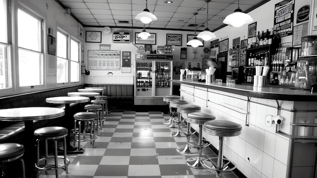 Photo the image is a black and white photo of a retro diner the diner has a checkered floor black and white tables and chairs and a counter with stools