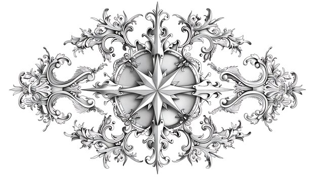 The image is a black and white vector illustration of a highly detailed compass rose with flourishes