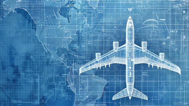 The image is a blueprint of an airplane The lines are blue and the background is white
