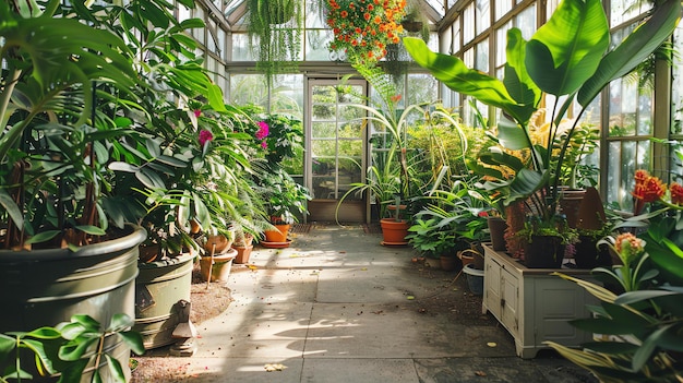 画像は,緑の植物と花で満たされた明るく晴れた温室です