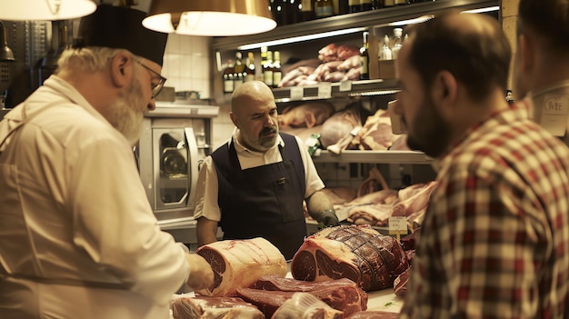 Photo the image is of a butcher shop a butcher is cutting a large piece of meat a customer is standing in front of the butcher looking at the meat