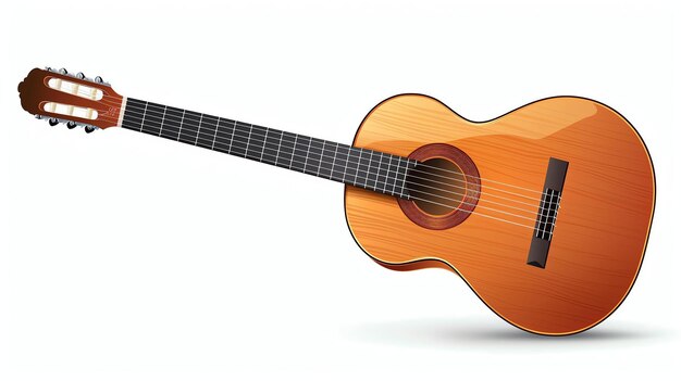 The image is a classic guitar with a beautiful polished wooden body and a long neck with six strings