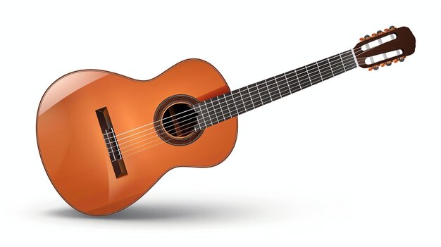 The image is of a classical guitar It has a natural wood finish and a beautiful motherofpearl inlay on the fretboard