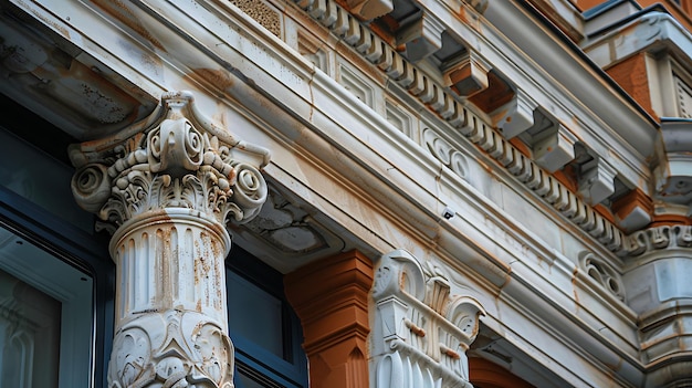 The image is of a closeup of a buildings exterior The building is made of white marble and has a lot of intricate details