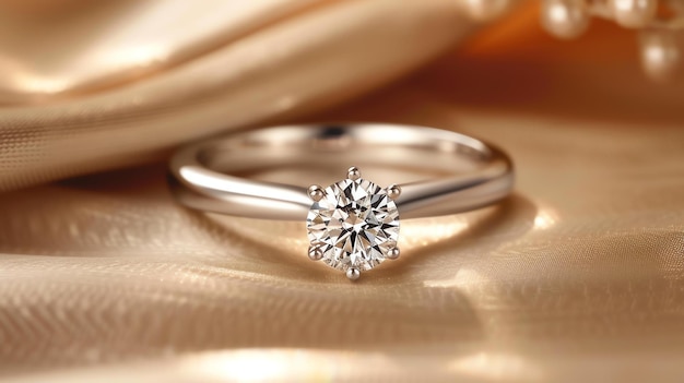Изображение представляет собой крупный план бриллиантового кольца на золотом шелковом фоне кольцо сделано из белого золота и имеет круглый бриллиант в центре