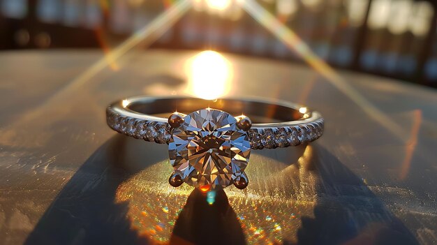 The image is a closeup of a diamond ring on a table
