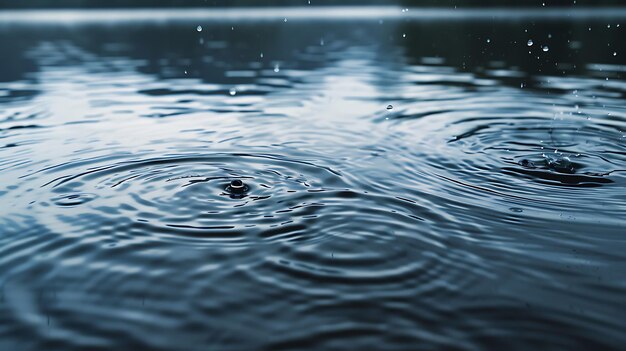 Photo the image is a closeup of water droplets falling into a lake