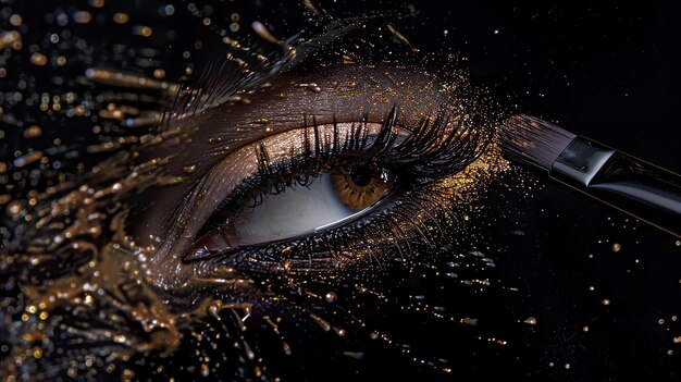 Photo the image is a closeup of a womans eye with a goldglitter makeup the eye is looking at the camera with a brush applying more glitter