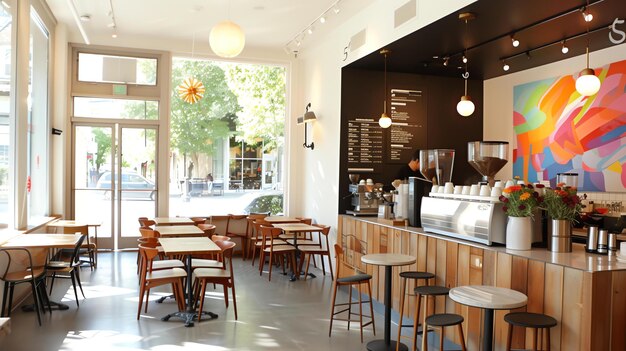 The image is of a coffee shop interior There are several tables and chairs as well as a counter with stools