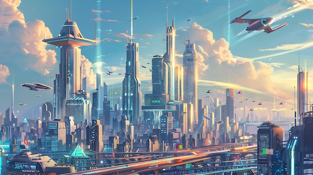 Изображение - это концептуальное искусство футуристического города. Город изображен как высокоразвитый с высокими небоскребами и летающими автомобилями.