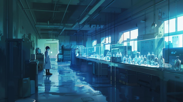 Photo the image is a concept art of a laboratory the lab is dark and empty with a single figure standing in the center