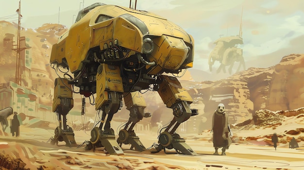 Photo the image is a concept art of a large yellow sixlegged walker vehicle it has a long articulated body and a small head with a single eye