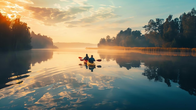 The image is of a couple kayaking on a lake at sunrise The water is calm and still and the sky is a clear blue