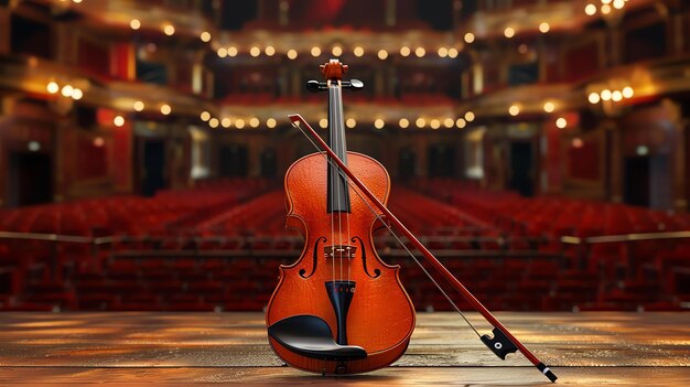 Photo the image is a dark closeup shot of a violin and bow on a wooden stage the violin is in the foreground with the bow resting on the strings