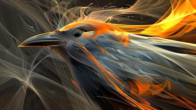 The image is a dark ethereal bird with glowing orange feathers