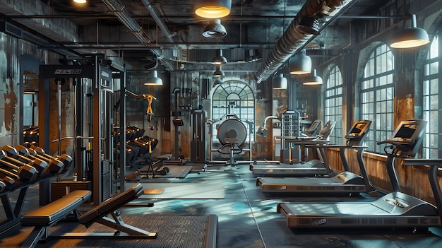 Photo the image is a dark and grungy gym the concrete walls are bare and the floor is covered in rubber mats