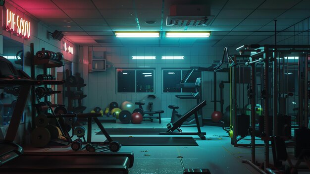 The image is a dark and moody shot of a small empty gym