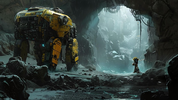 Photo the image is a dark and mysterious cave in the foreground there is a large yellow mech