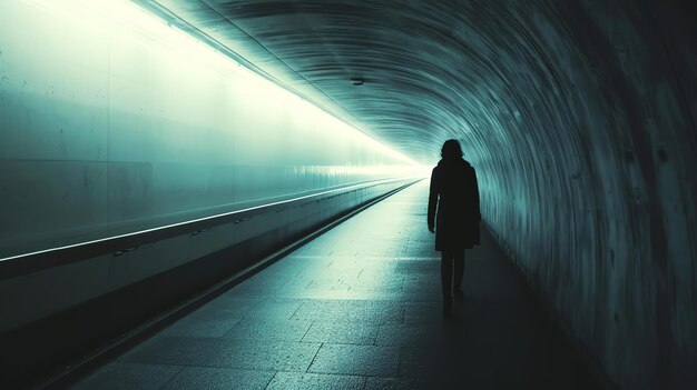 The image is a dark and mysterious tunnel with a single figure walking away from the camera