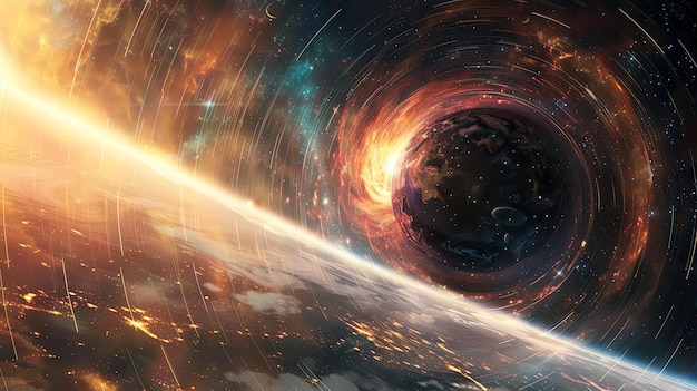 The image is a depiction of a wormhole a hypothetical tunnel in spacetime that connects two distant regions of the universe