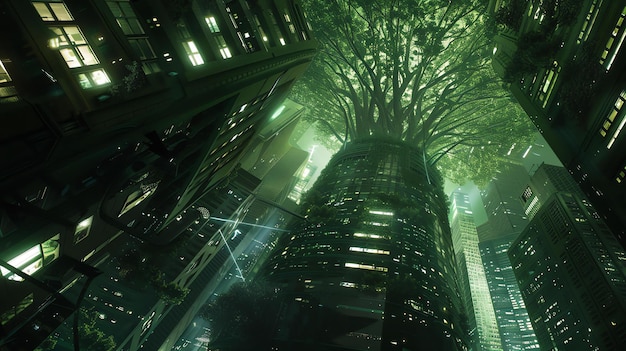 Foto l'immagine è un dipinto digitale di una città futuristica la città è composta da alti grattacieli e lussureggiante verde