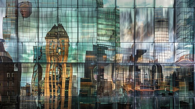 The image is a distorted reflection of a cityscape