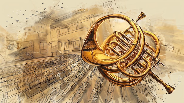 Photo the image is a drawing of a french horn it is a beautiful instrument with a rich warm sound