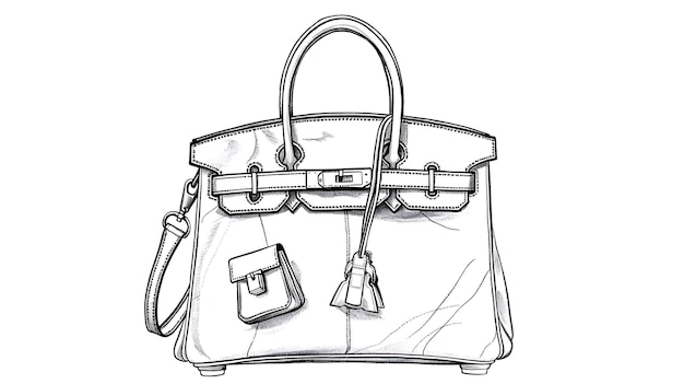 The image is a drawing of a handbag It is a simple elegant design with a single handle and a flap closure