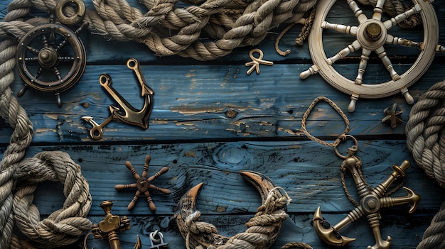 Foto l'immagine è un piano di vari oggetti nautici su uno sfondo di legno blu ci sono ancore una corda della ruota della nave e altri oggetti