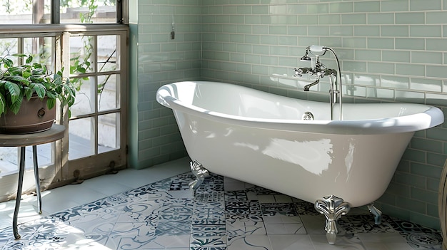 The image is of a freestanding bathtub in a bathroom The bathtub is white and has a chrome faucet