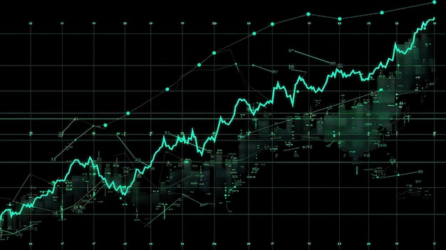 The image is a glowing green line graph on a black background The graph is composed of many small dots that are connected by lines