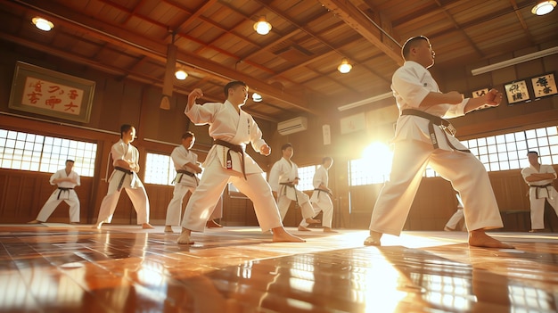 Photo the image is of a group of people practicing karate in a dojo the people are wearing white karate uniforms and are engaged in various karate poses