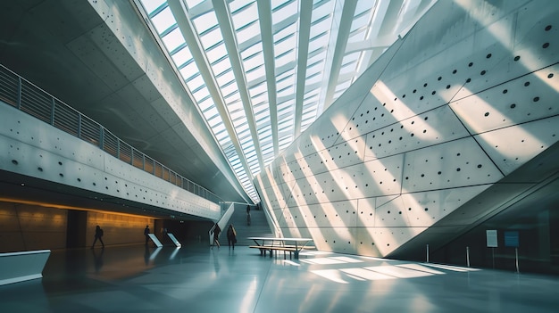 The image is of the interior of a modern building with a large atrium The atrium is lit by natural light from the skylights in the roof