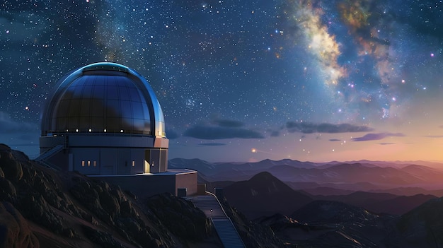 Photo the image is of a large astronomical observatory on a mountaintop the night sky is clear and the stars are bright