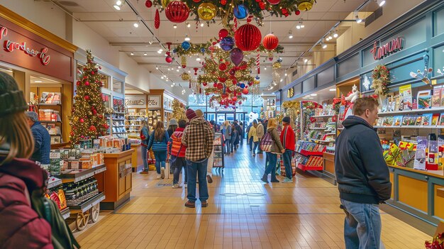 The image is a large indoor shopping mall decorated with Christmas lights and ornaments