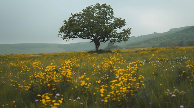 The image is of a large tree in a field of yellow flowers The sky is cloudy and the background is a hill The image is peaceful and serene