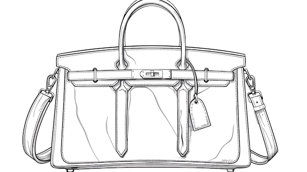 The image is a line drawing of a handbag It is a simple and elegant design with a rectangular body and a single handle