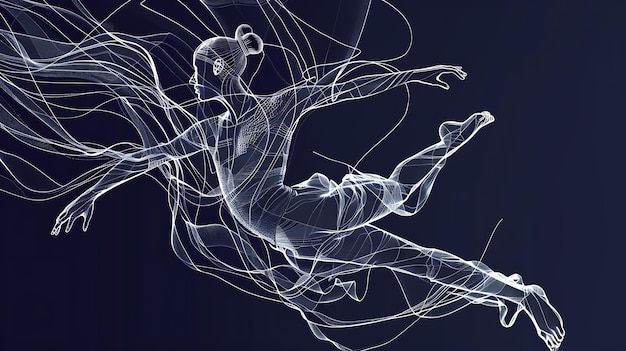 Photo the image is a line drawing of a woman dancing the woman is in a midair leap with her arms and legs outstretched