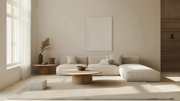 Изображение - гостиная с большим кремовым секционным диваном, кофейным столом из твердого дерева, серым ковром и двумя серыми акцентными стульями.