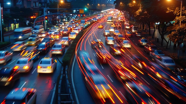 L'immagine è una lunga esposizione di una strada trafficata di notte le strisce di luce delle auto creano un modello colorato e astratto