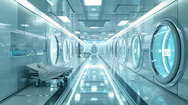 Photo the image is a long futuristic hospital corridor with a gurney near the camera