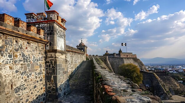 Photo the image is a long stone wall with a walkway on top the wall is made of large roughcut stones and has a crenellated top