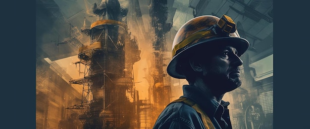 the image is of a man in a hardhat looking up at the towers in the style of threedimensional effect