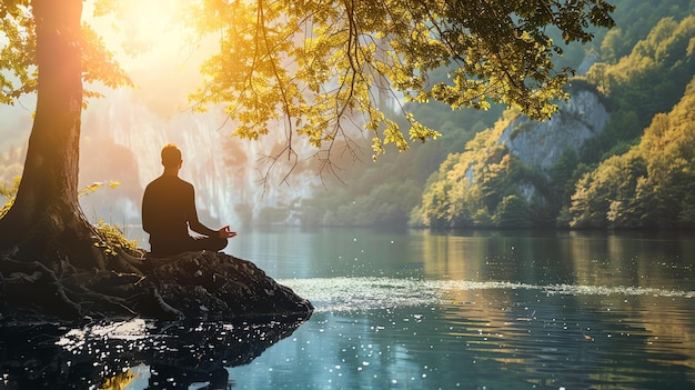 The image is of a man sitting on a rock in the middle of a lake with a waterfall in the background