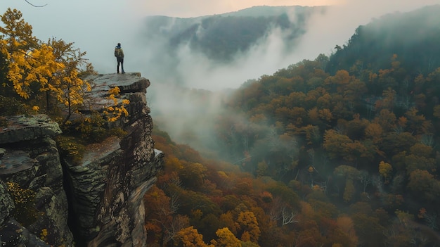 Photo the image is of a man standing on a cliff overlooking a valley the valley is filled with trees and the leaves are turning fall colors