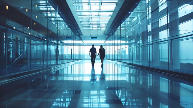 Photo the image is of a man and a woman walking down a long brightly lit hallway