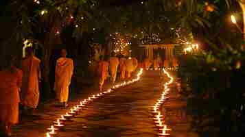 Photo the image is a night scene of a long treelined path lit by a row of glowing lanterns