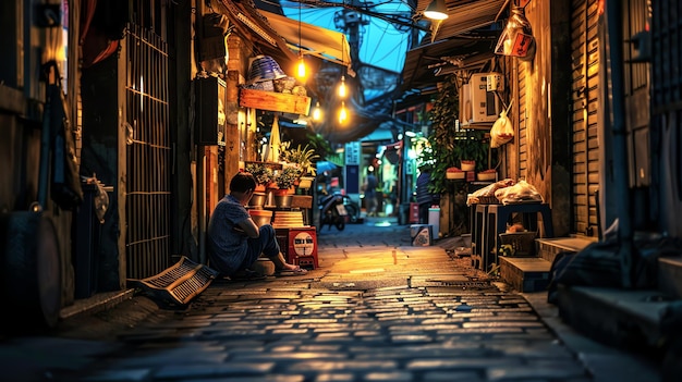 The image is a night view of a small alley in Hanoi Vietnam The alley is lit by a few lanterns and the light from the shops